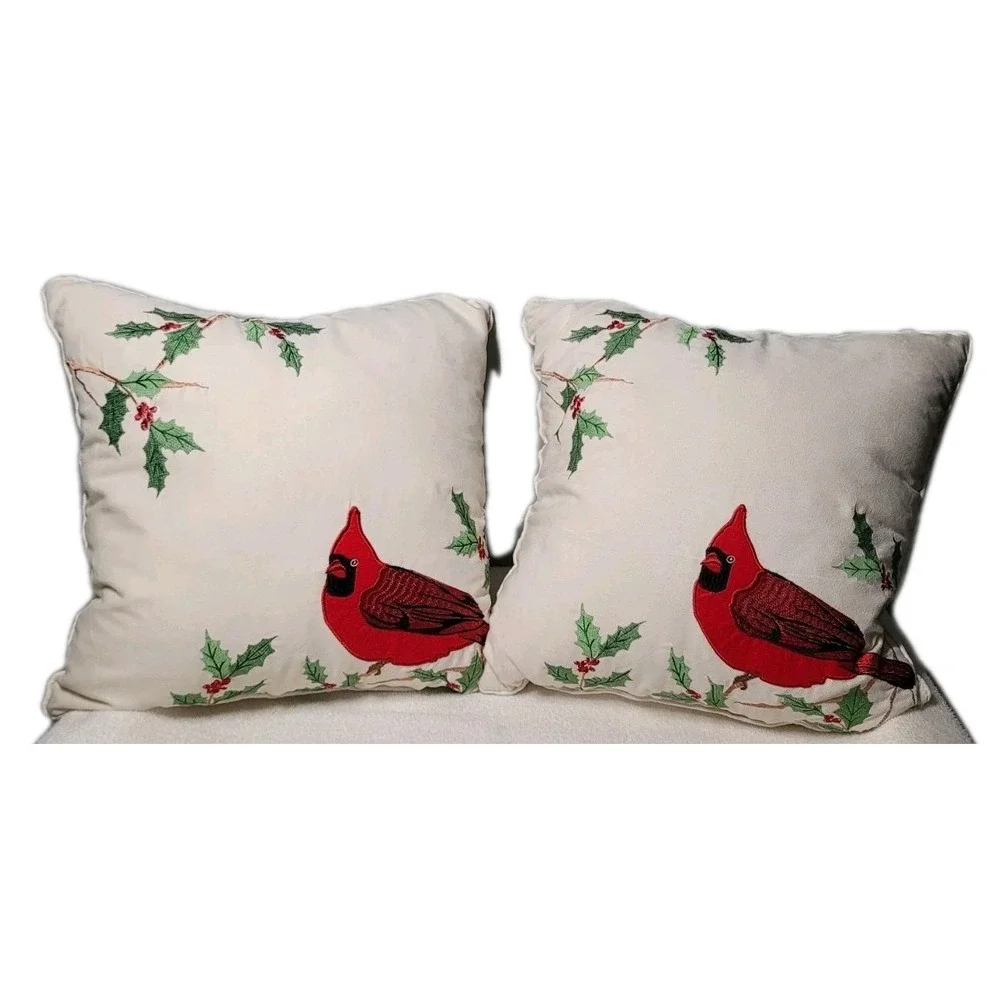 Cardinal Holly Pillow Square With Embroidered Holly And On Bird Bone Color Set 2
